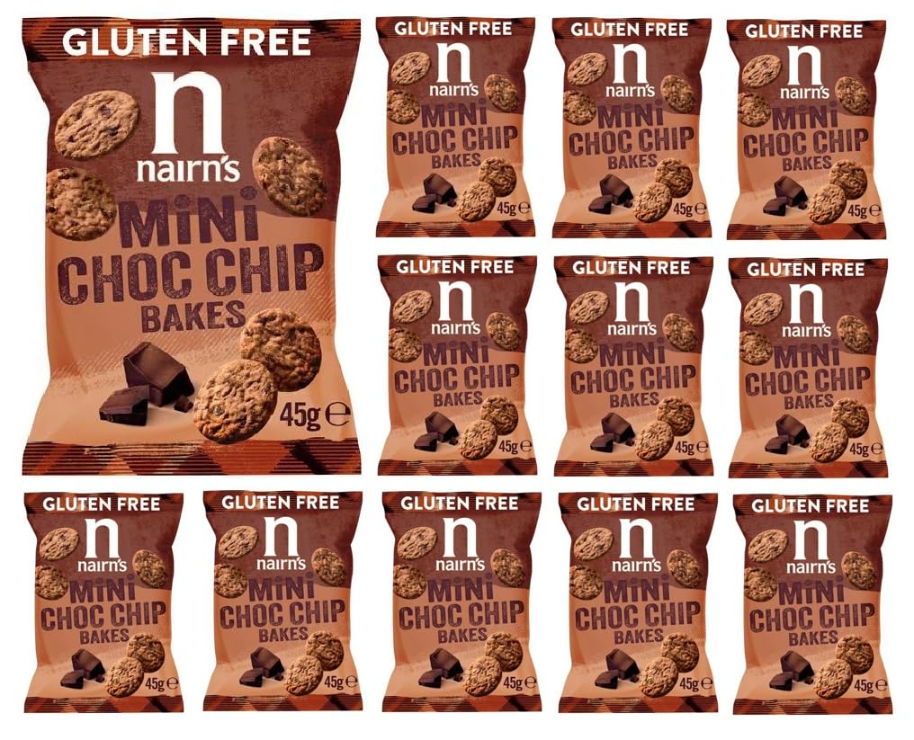 Nairn's Gluten Free Mini Choc Chip Bakes - 45g (Pack of 12) - Wholegrain Oats - Source of Fibre - Healthy Cheese Snacks - Suitable for Coeliacs