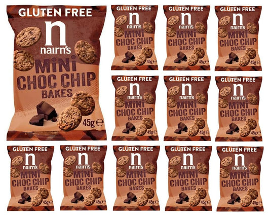 Nairn's Gluten Free Mini Choc Chip Bakes - 45g (Pack of 12) - Wholegrain Oats - Source of Fibre - Healthy Cheese Snacks - Suitable for Coeliacs