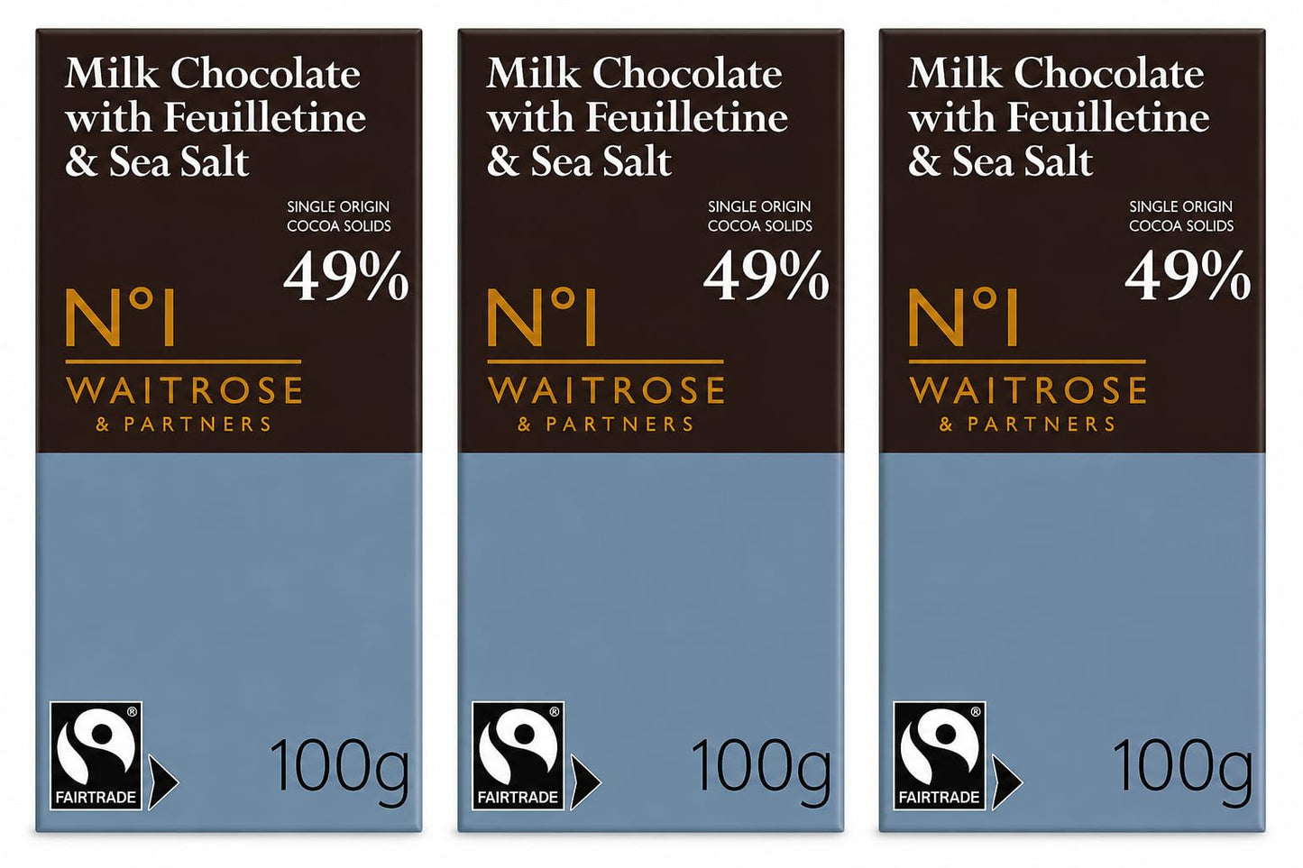 No.1 Fairtrade Milk Chocolate with Feuilletine & Sea Salt 100g, Pack of 3