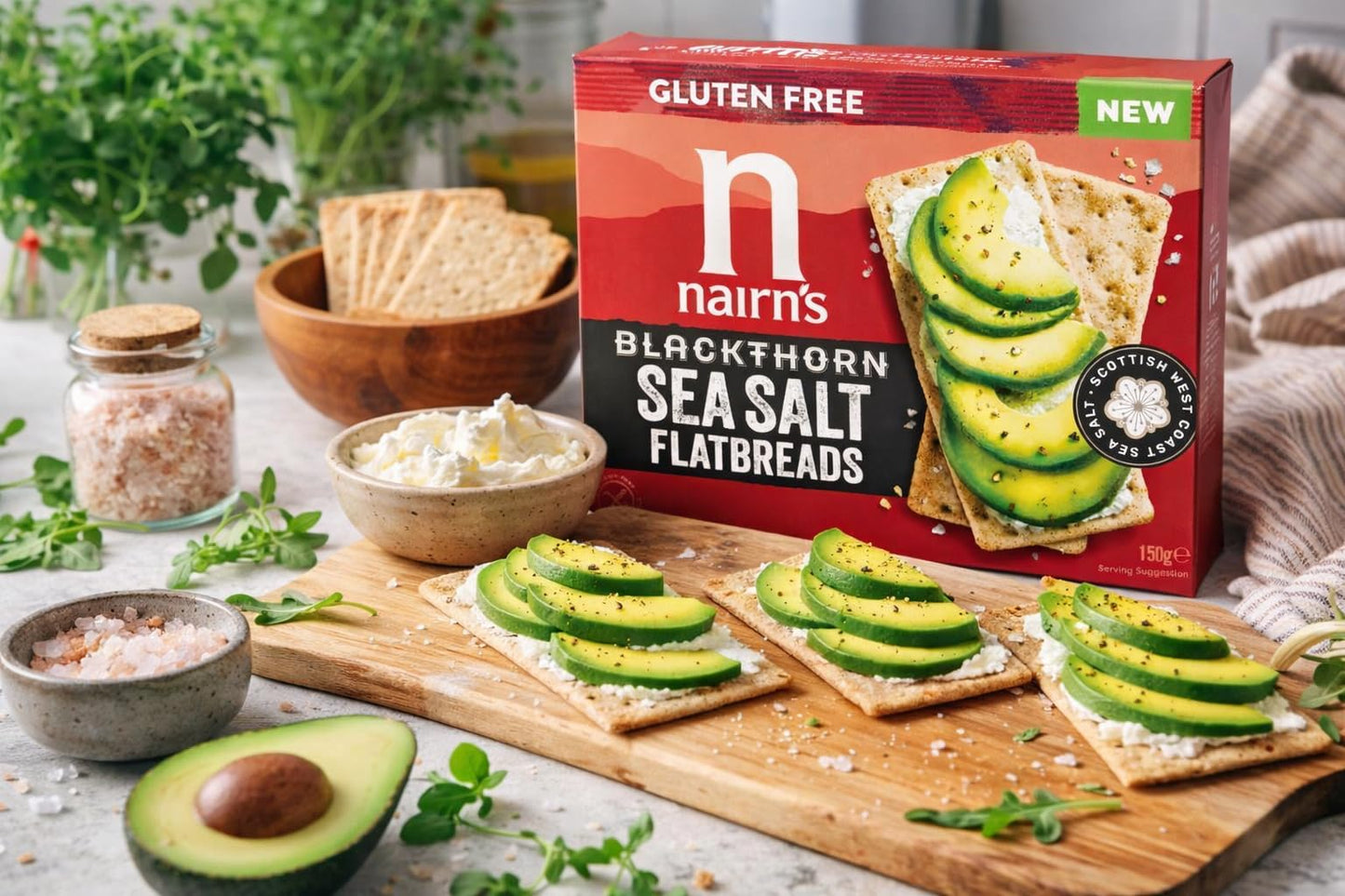 Nairn's Gluten Free Blackthorn Sea Salt Flatbreads - 150g (Pack of 3) - Wholegrain Oats - High in Fibre - Plant Based Flatbreads - Healthy Snacks - Suitable for Coeliacs