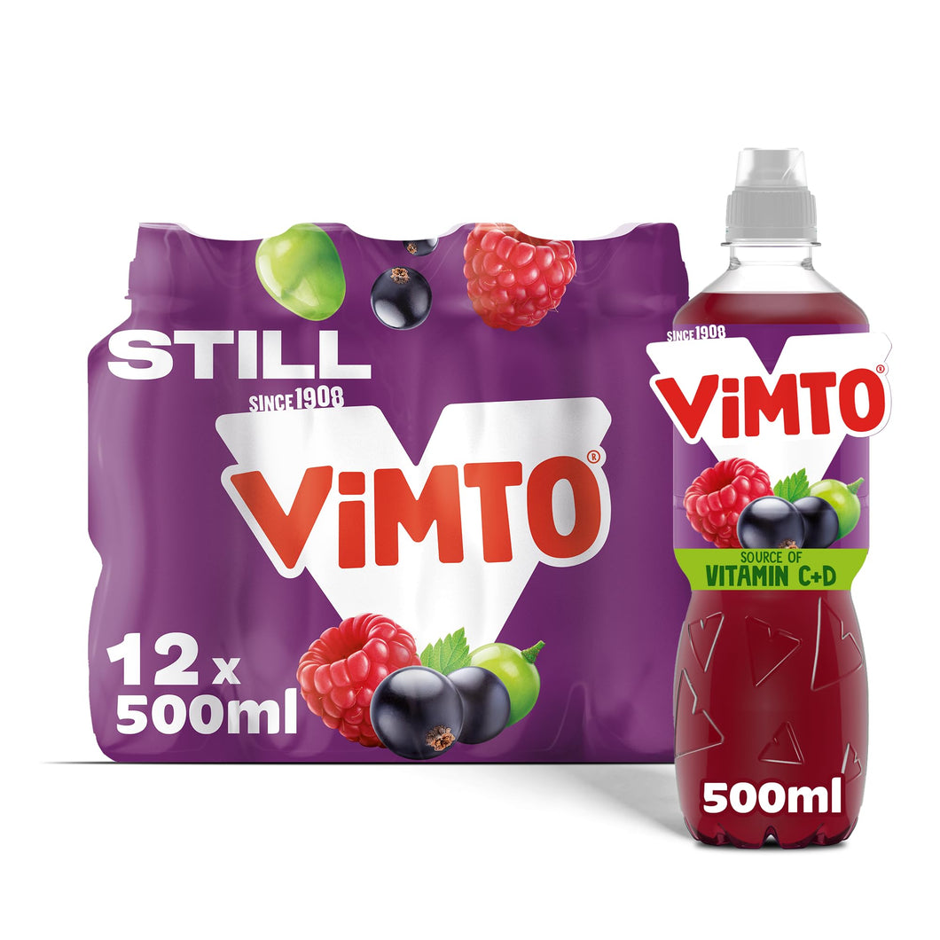 Vimto Still Juice Drink – No Added Sugar – Blackcurrant, Grape & Raspberry – Vitamins C & D – 12 x 500ml Bottles – HFSS Compliant