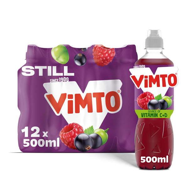 Vimto Still Juice Drink – No Added Sugar – Blackcurrant, Grape & Raspberry – Vitamins C & D – 12 x 500ml Bottles – HFSS Compliant