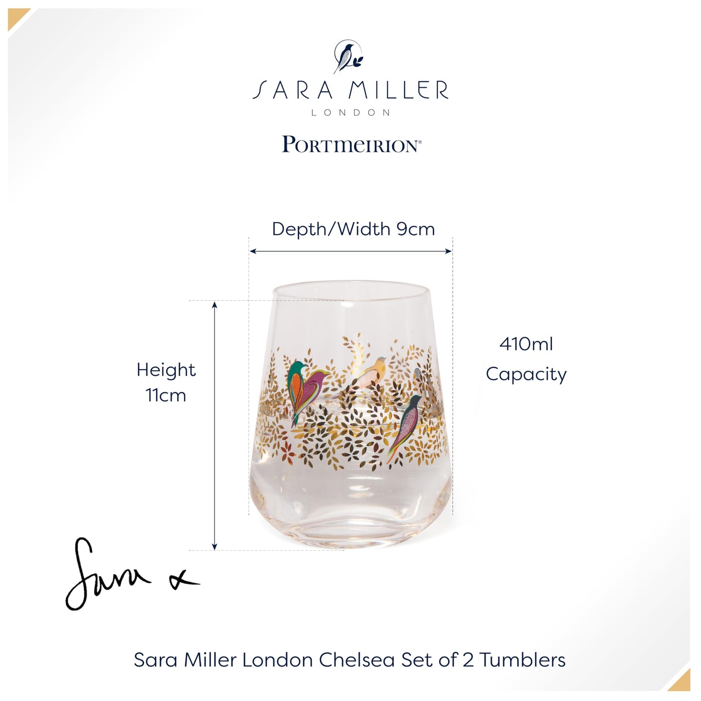 Portmeirion x Sara Miller London Set of 2 Glass Tumblers - Transparent and Durable Glass, Chelsea Collection, Suitable for Dinner Parties & Celebrations, 0.4L