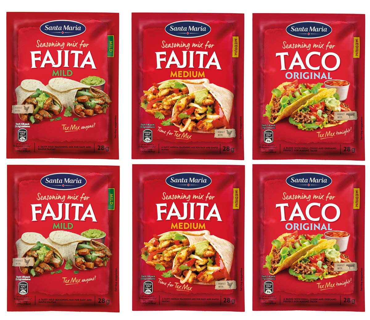 Santa Maria Fajita Seasoning Mix (2x28g Mild, 2x28g Medium) and Tex Mex Taco Seasoning (2x28g)