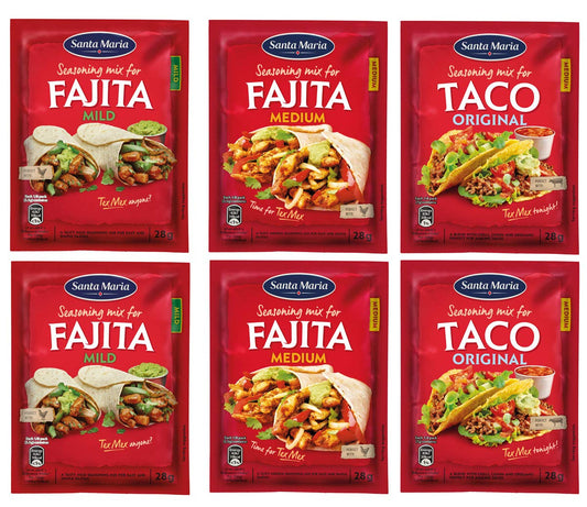 Santa Maria Fajita Seasoning Mix (2x28g Mild, 2x28g Medium) and Tex Mex Taco Seasoning (2x28g)