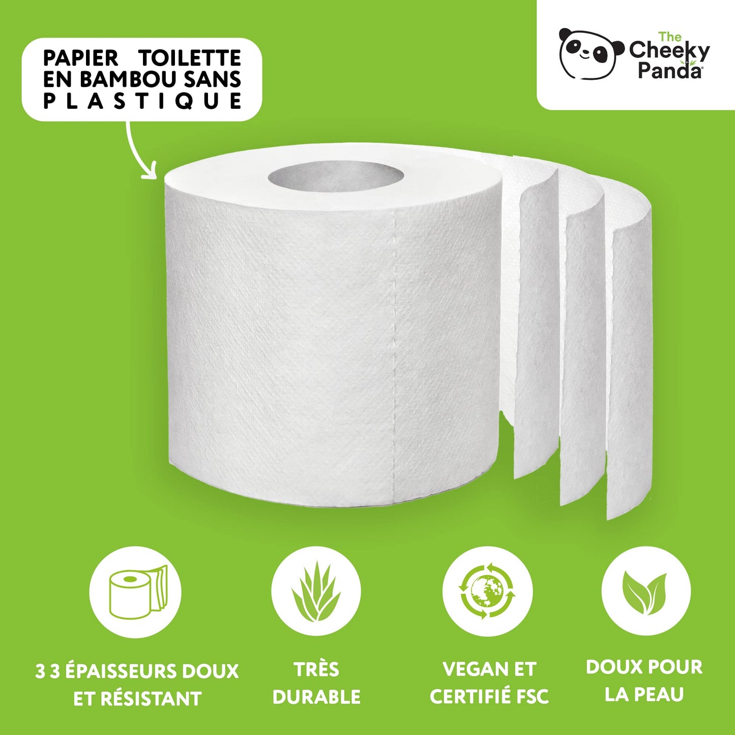 The Cheeky Panda Toilet Paper, 3 Thicknesses, 4 Rolls of Toilet Paper, Bamboo