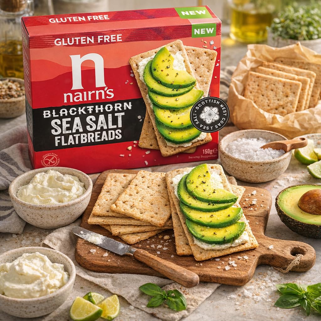 Nairn's Gluten Free Blackthorn Sea Salt Flatbreads - 150g (Pack of 3) - Wholegrain Oats - High in Fibre - Plant Based Flatbreads - Healthy Snacks - Suitable for Coeliacs