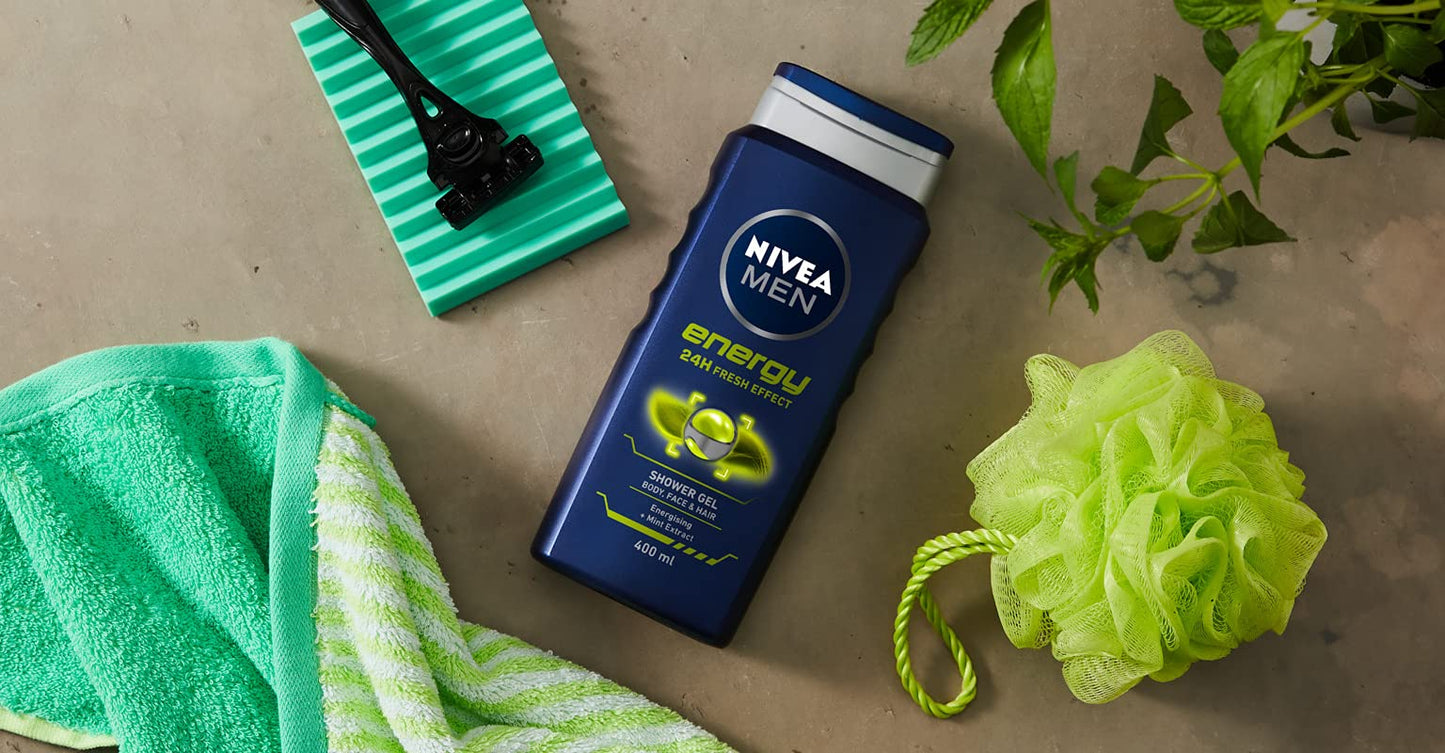 NIVEA MEN Energy Shower Gel (500 ml), Moisturising 3-in-1 Body Wash for Men with Mint Extract, Invigorating and Energising NIVEA MEN Shower Gel