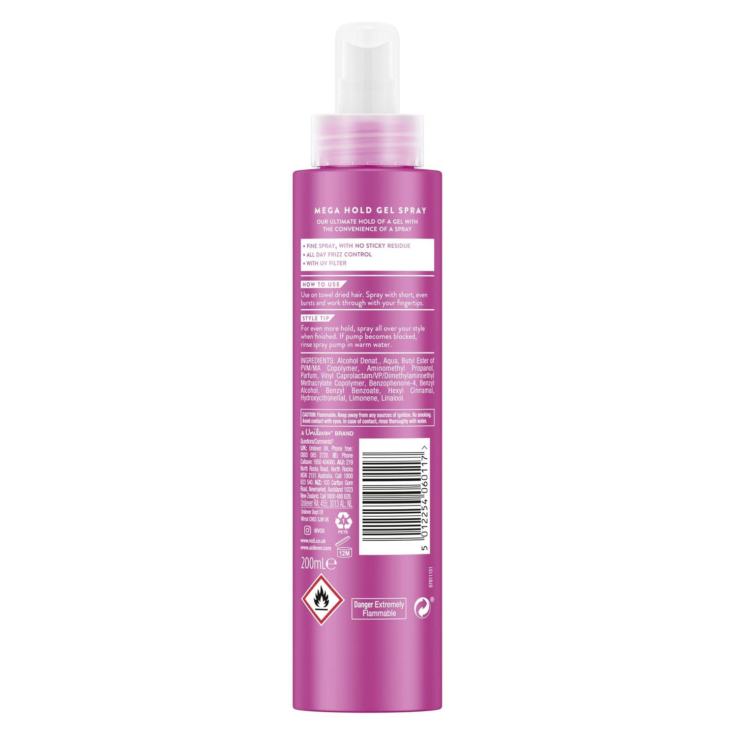 VO5 Mega Hold Gel Spray 200ml, Extra Strong Hair Styling Spray for Hold & Control