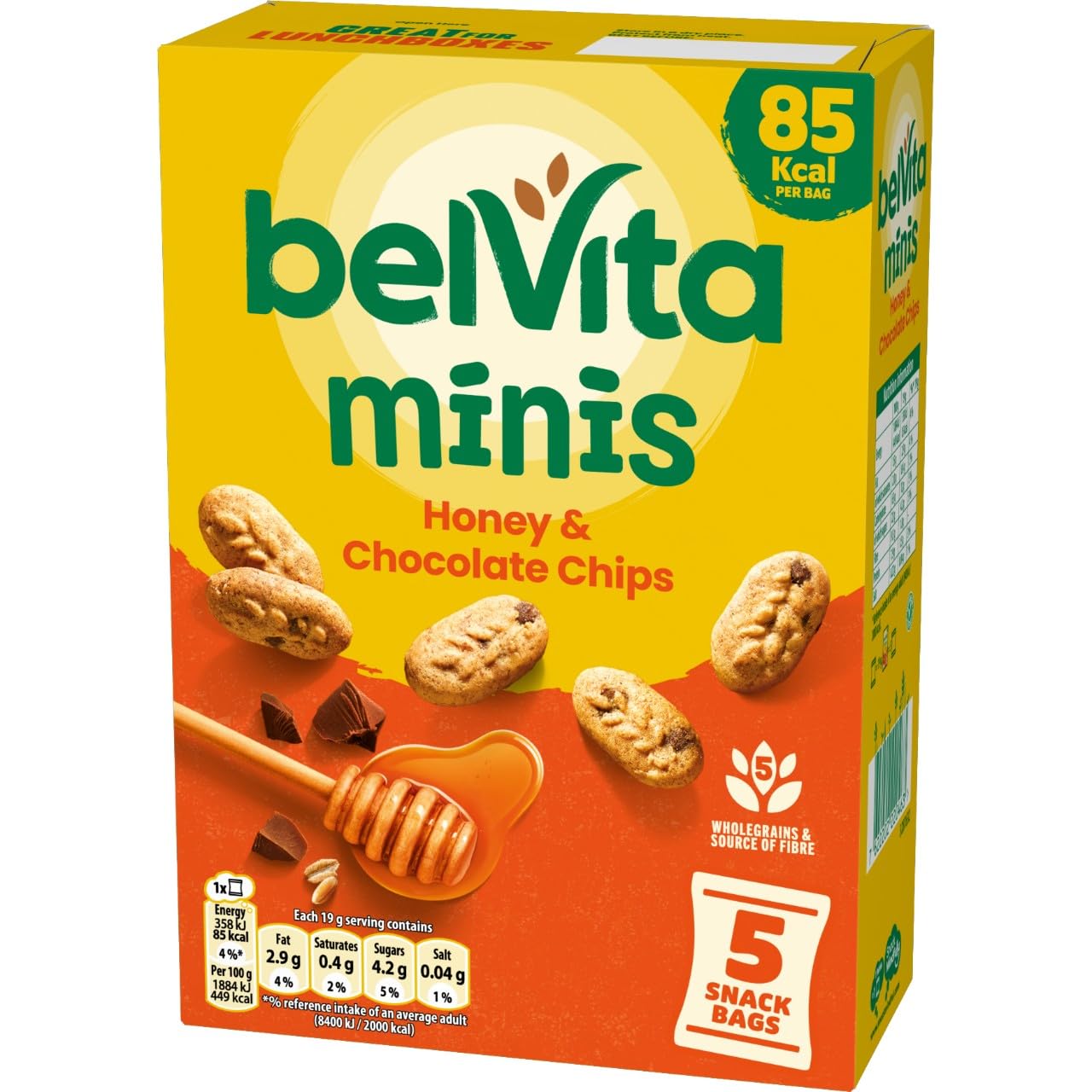 Belvita Minis, Honey & Chocolate Chips, 5 Snack Bags, 95 g (Pack of 1)
