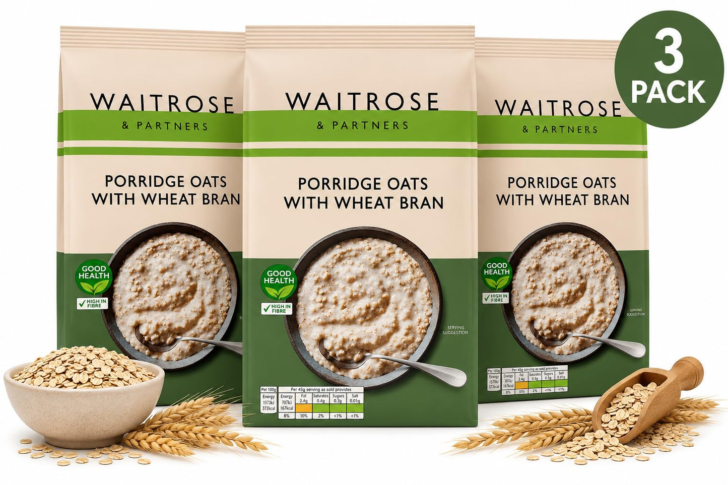 Waitrose Porridge Oats with Wheatbran1Kg, Pack of 3