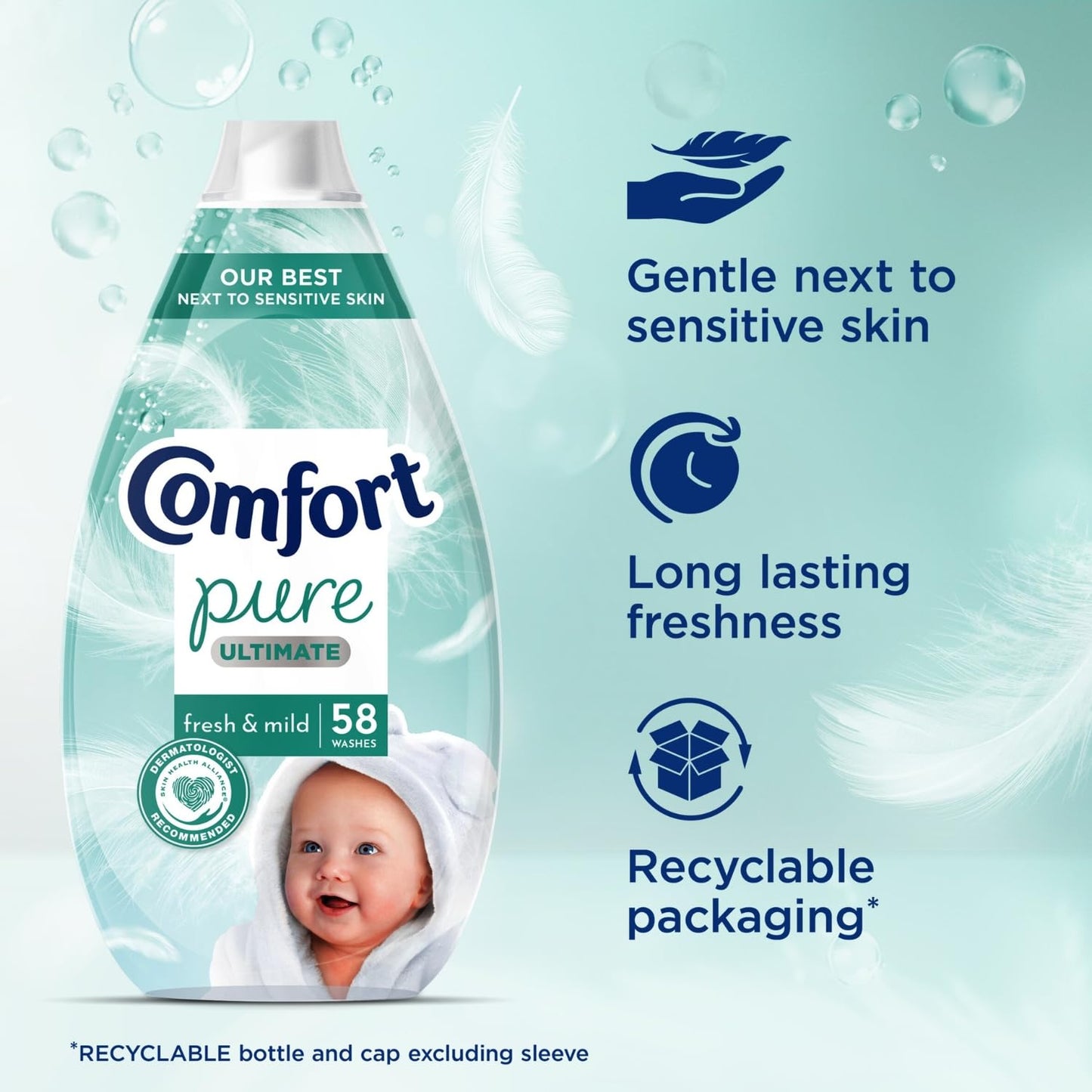 Comfort Pure Fabric Conditioner Ultimate Care Fresh and Mid with Lasting Fragrance Intense Liquid Fabric Softener Suitable for Sensitive Skin 58 Washes, 870ml Pack of 3