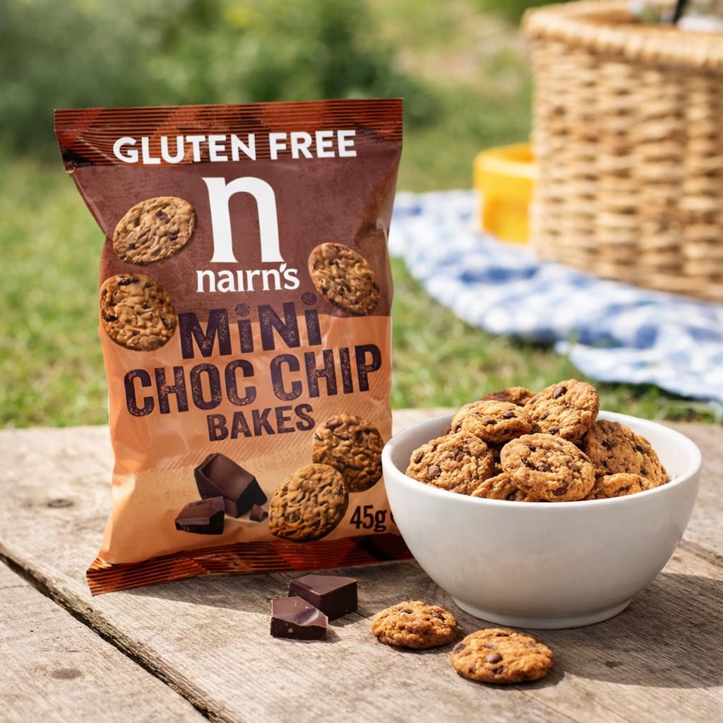 Nairn's Gluten Free Mini Choc Chip Bakes - 45g (Pack of 12) - Wholegrain Oats - Source of Fibre - Healthy Cheese Snacks - Suitable for Coeliacs