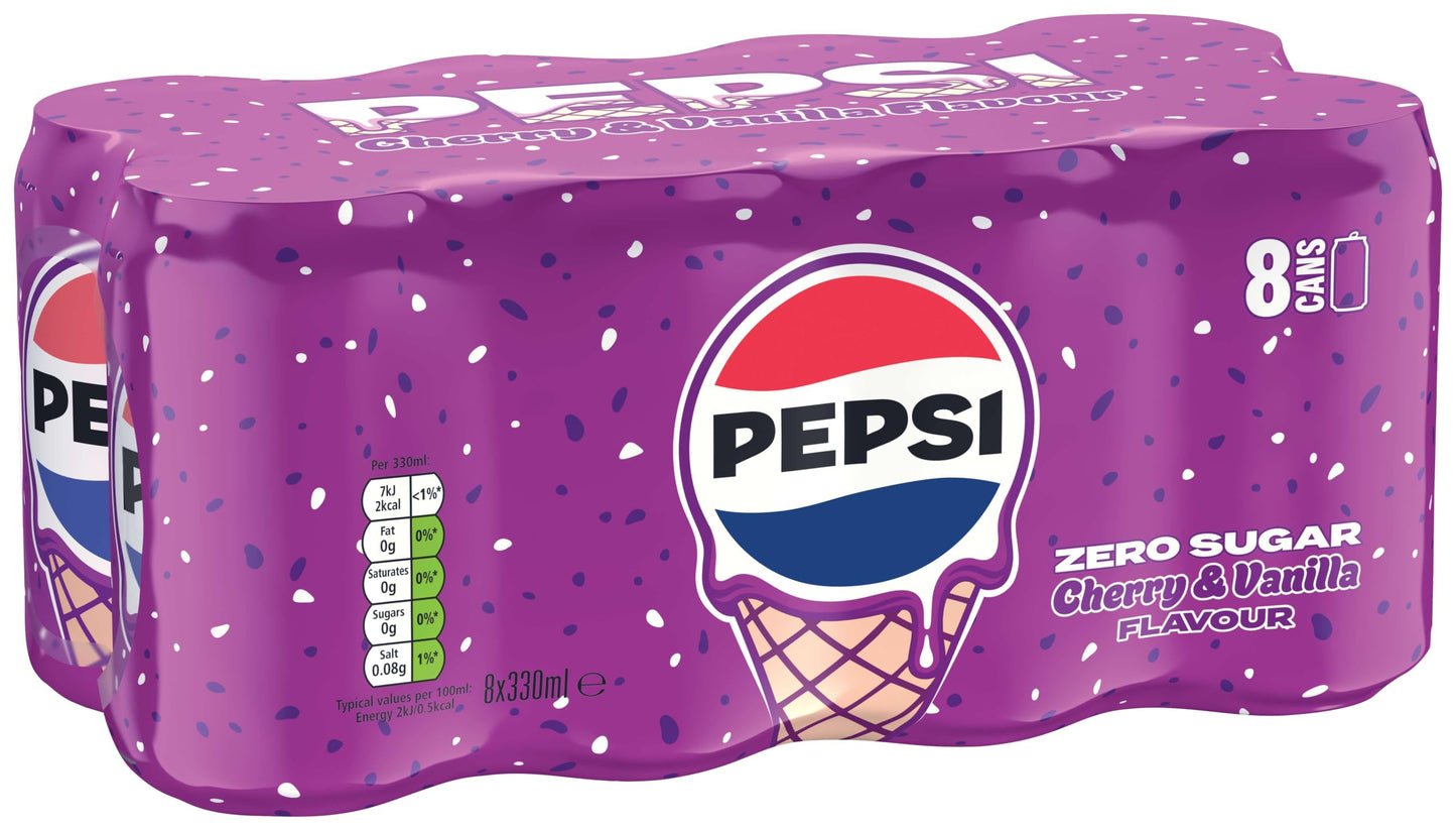 Pepsi Zero Sugar Cherry and Vanilla Ice Cream Flavour 330ml Can (Pack of 8)