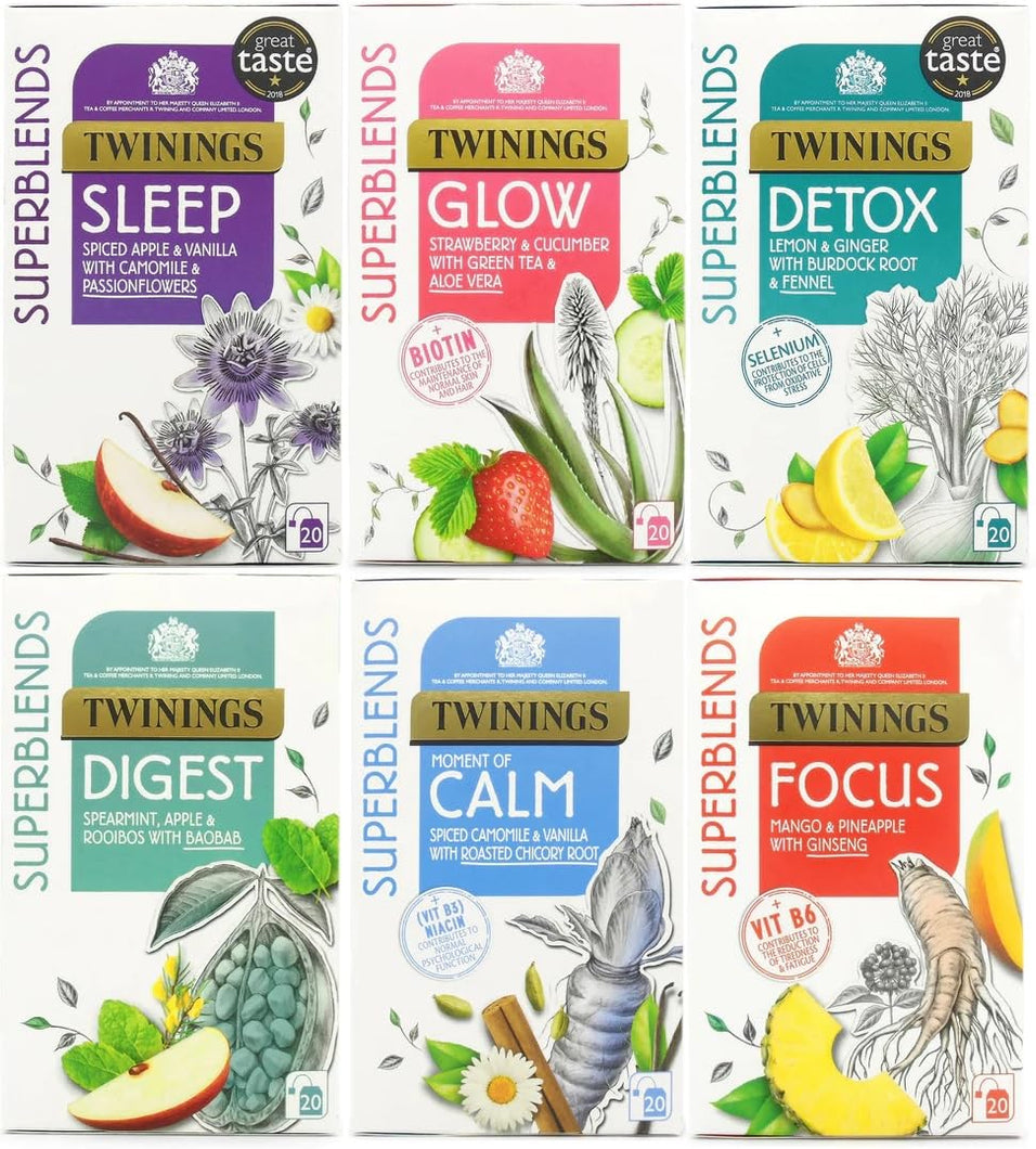 Twinings Superblends Bundle - Sleep, Glow, Focus, Digest, Calm and Detox (6x20 teabags)