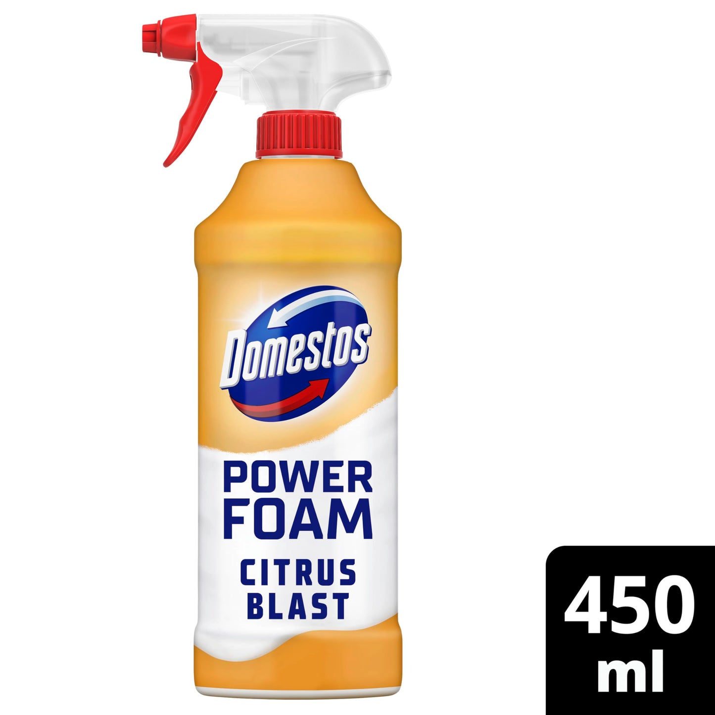 Domestos Power Foam Citrus Blast Toilet & Bathroom Cleaner Spray sprays upside down & eliminates 99.99% of germs* for cleaning inside the toilet & around the bathroom 450 ml