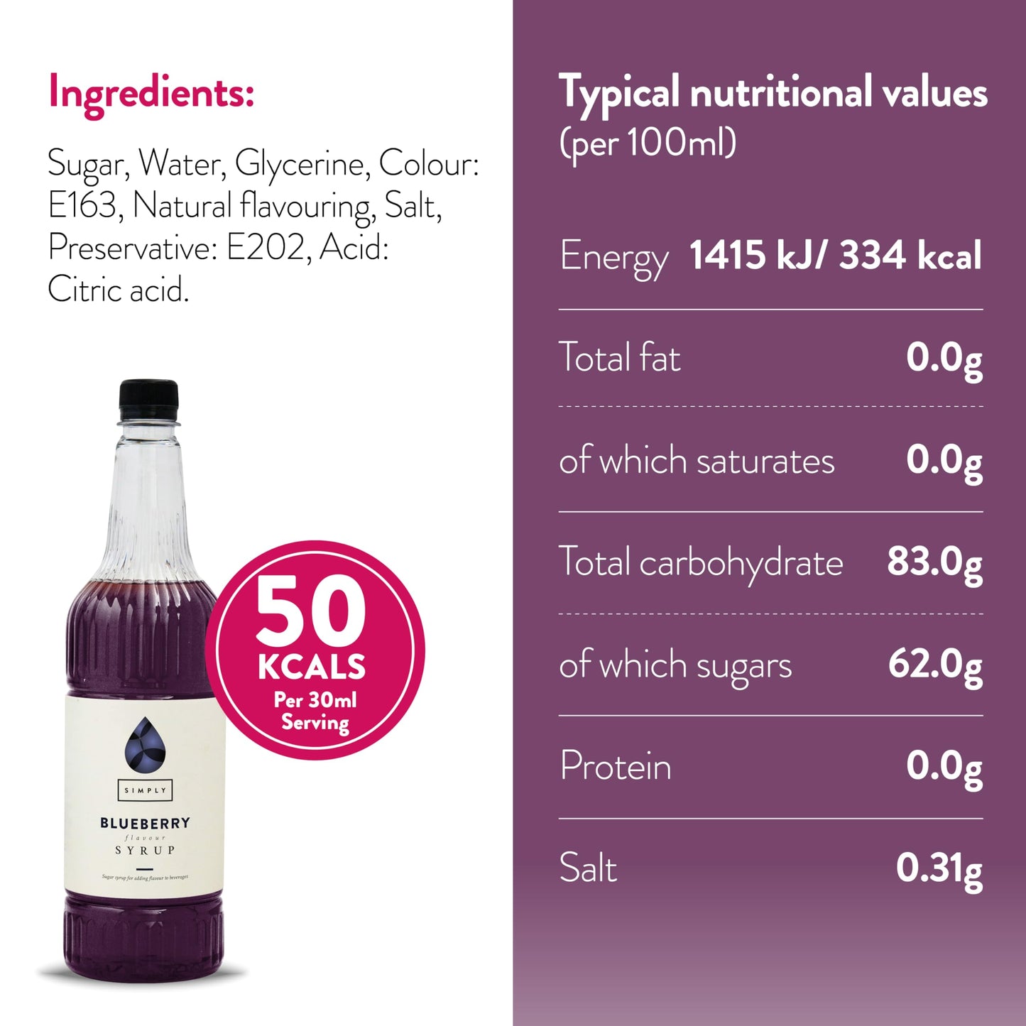 Simply Blueberry Syrup, Vegan & Nut Free Flavoured Syrup for Coffee, Cocktails & Baking (1 Litre)