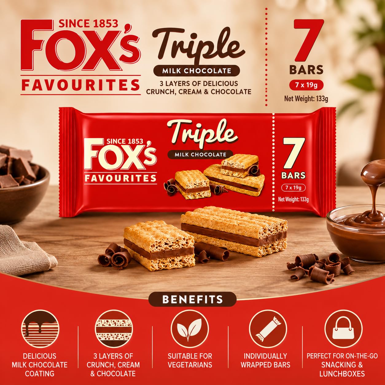 Fox's Favourites Triple Milk Chocolate Layered Biscuit Bar 7 x 19g (133g)
