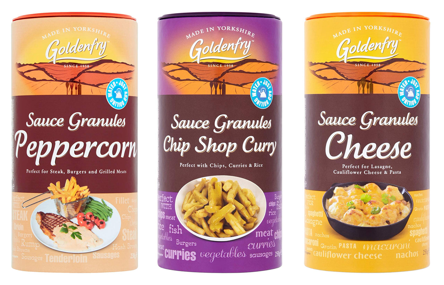 Goldenfry Sauce Granules Peppercorn Gravy, Chip Shop Curry and Cheese Mixed Set of 3 - 2 tubes of 250g and 1 tube of 230g! Perfect for Cooking with and Made in Yorkshire