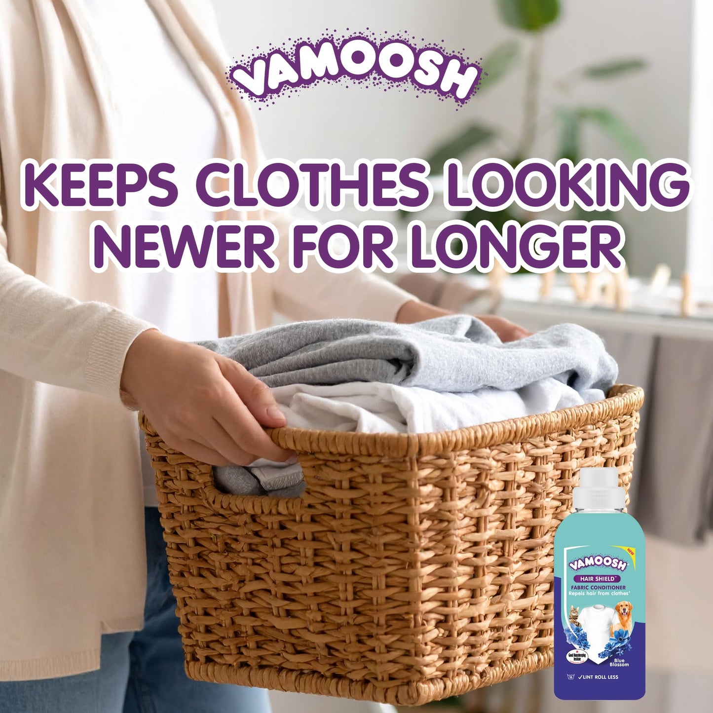 Vamoosh Hair Shield Fabric Conditioner 500ml – Liquid Fabric Softener that Repels Pet Hair from Clothes After Washing, Does Not Dissolve Hair – Blue Blossom Scent – Up to 16 Washes