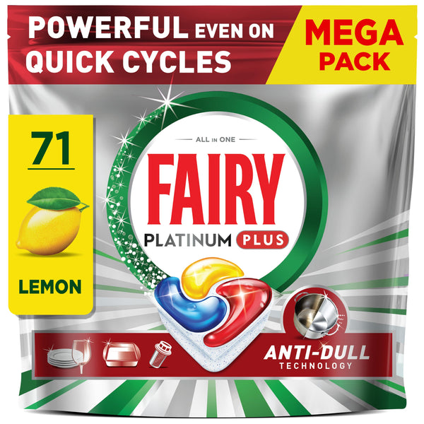 Fairy Platinum Plus Dishwasher Tablets Lemon, 71 Capsules, Impeccable Clean Even In Quick Cycles Without Pre-Wash, Anti-Dull Technology, Super Shine Function, Filter Clean