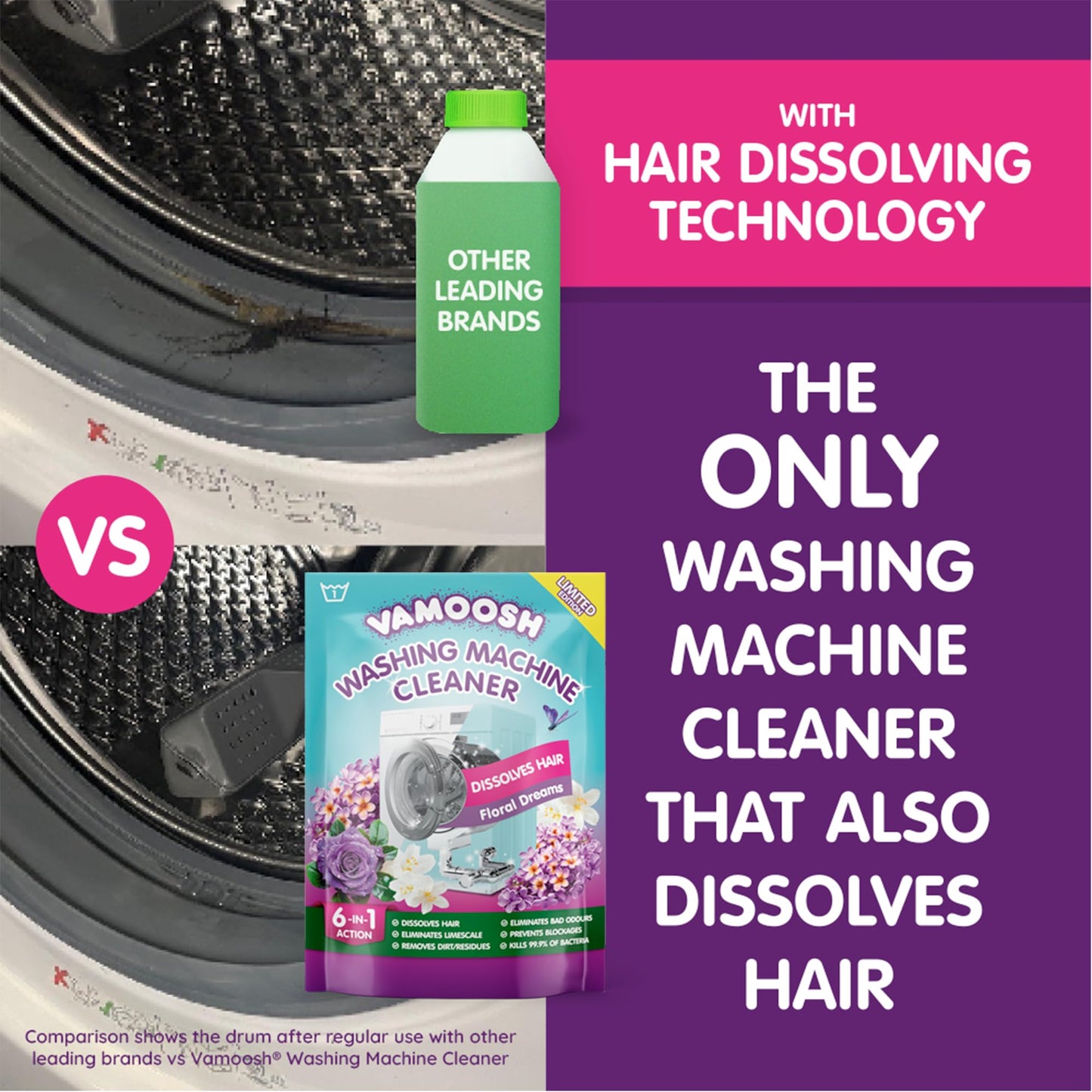 Vamoosh 6-in-1 Washing Machine Cleaner, Dissolves Hair, Eliminates Bad Odours, Removes Limescale, Deep Clean, Leaves Smelling Fresh, Antibacterial, Descales