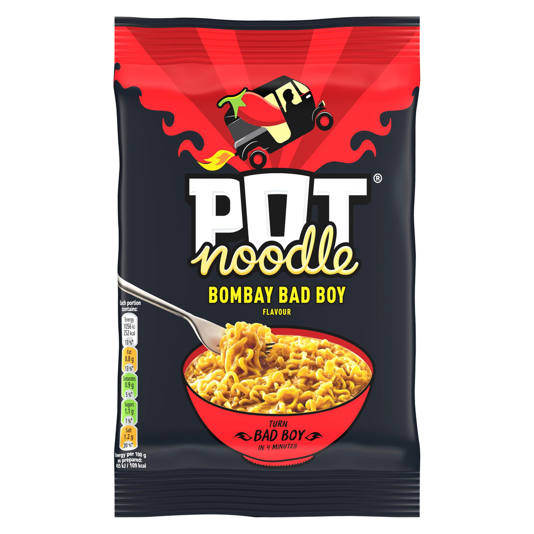 Pot Noodle Bombay Bad Boy Instant Noodles Block with sauce and seasoning sachets for quick, filling and delicious noodles 115 g