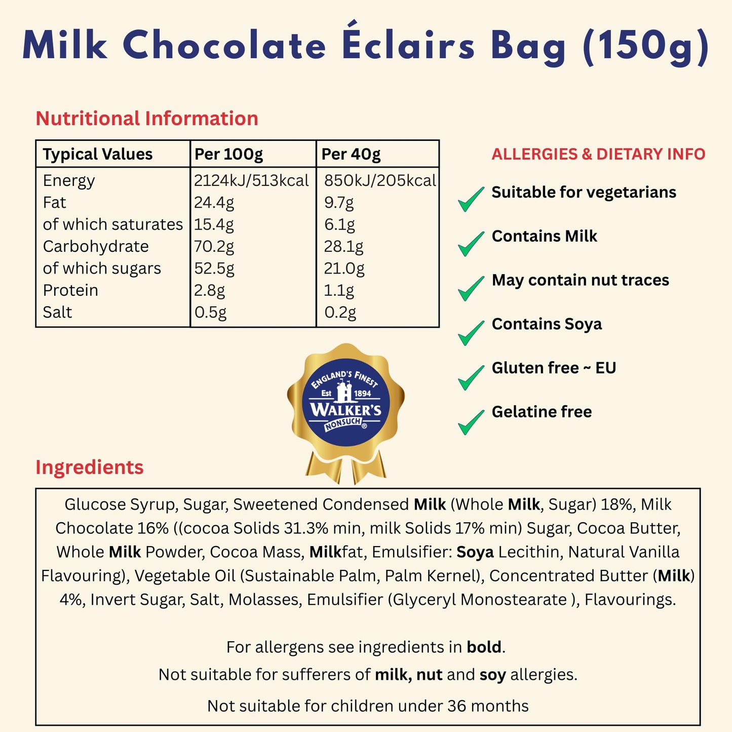 Walkers Nonsuch Milk Chocolate Eclairs Bag 150g