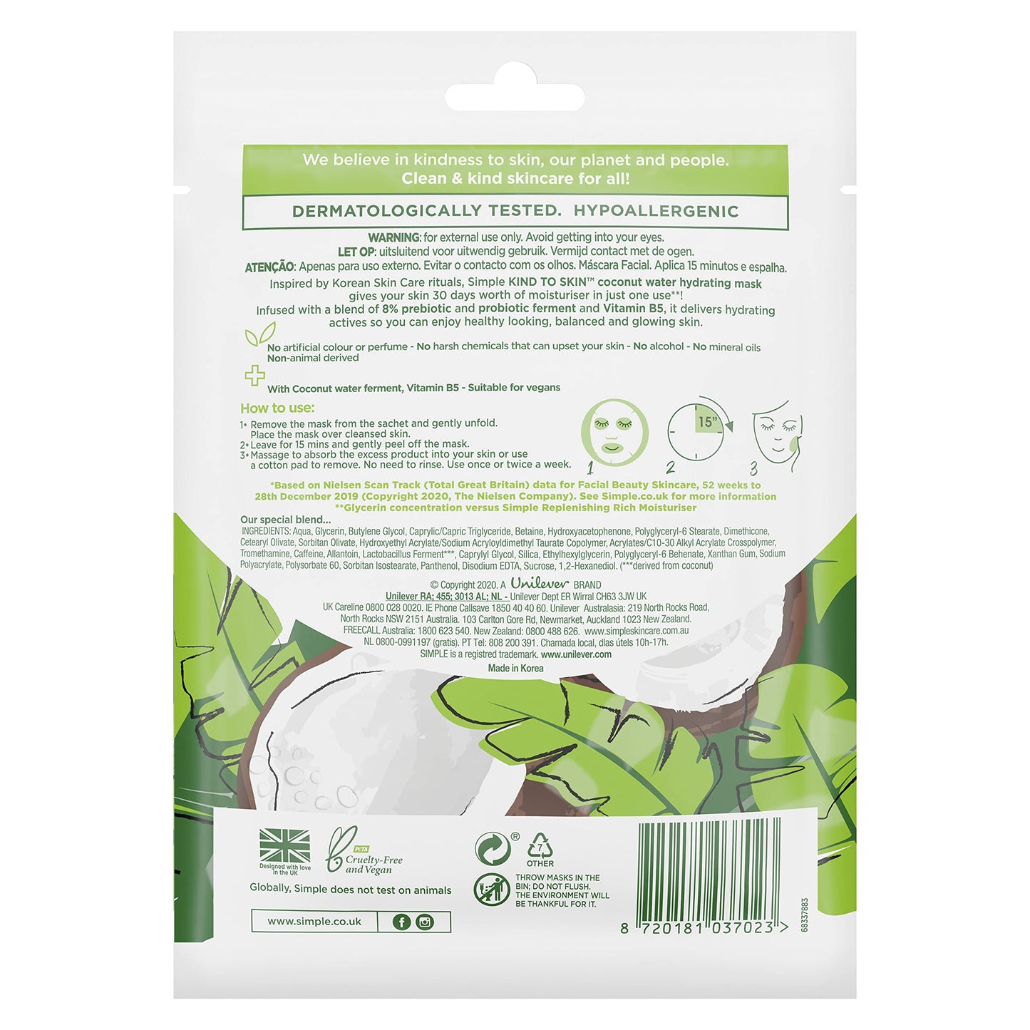 Simple Kind to Skin Hydrating Coconut Water Sheet Mask 1 pc
