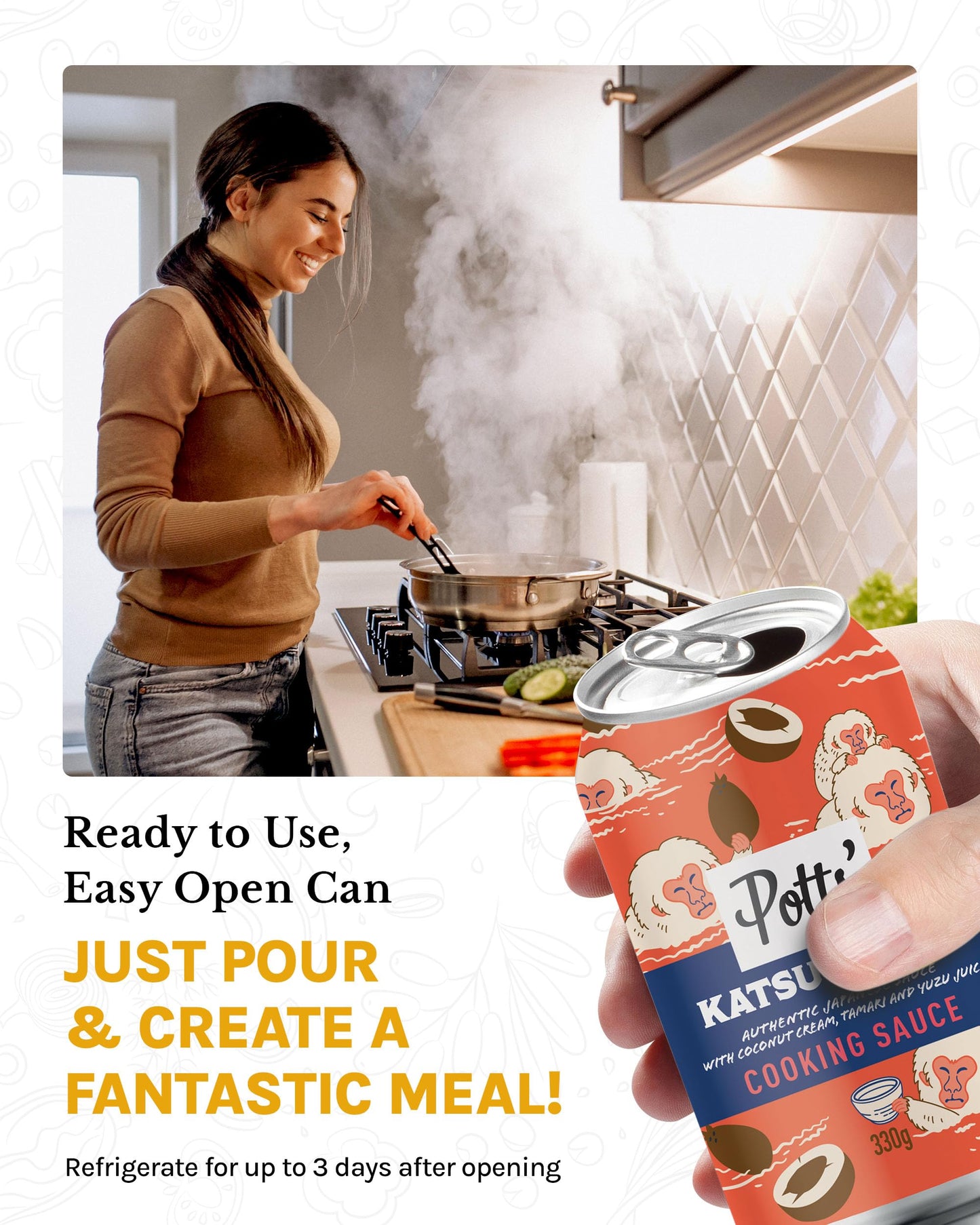 Potts’ Katsu Curry, Tikka Masala, Thai Red Curry, & Keralan Sauce in Can, 330g Each - Mixed Sauce Cans for Vegan & Traditional Meals - Easy Open Can, Ready to Use Stock