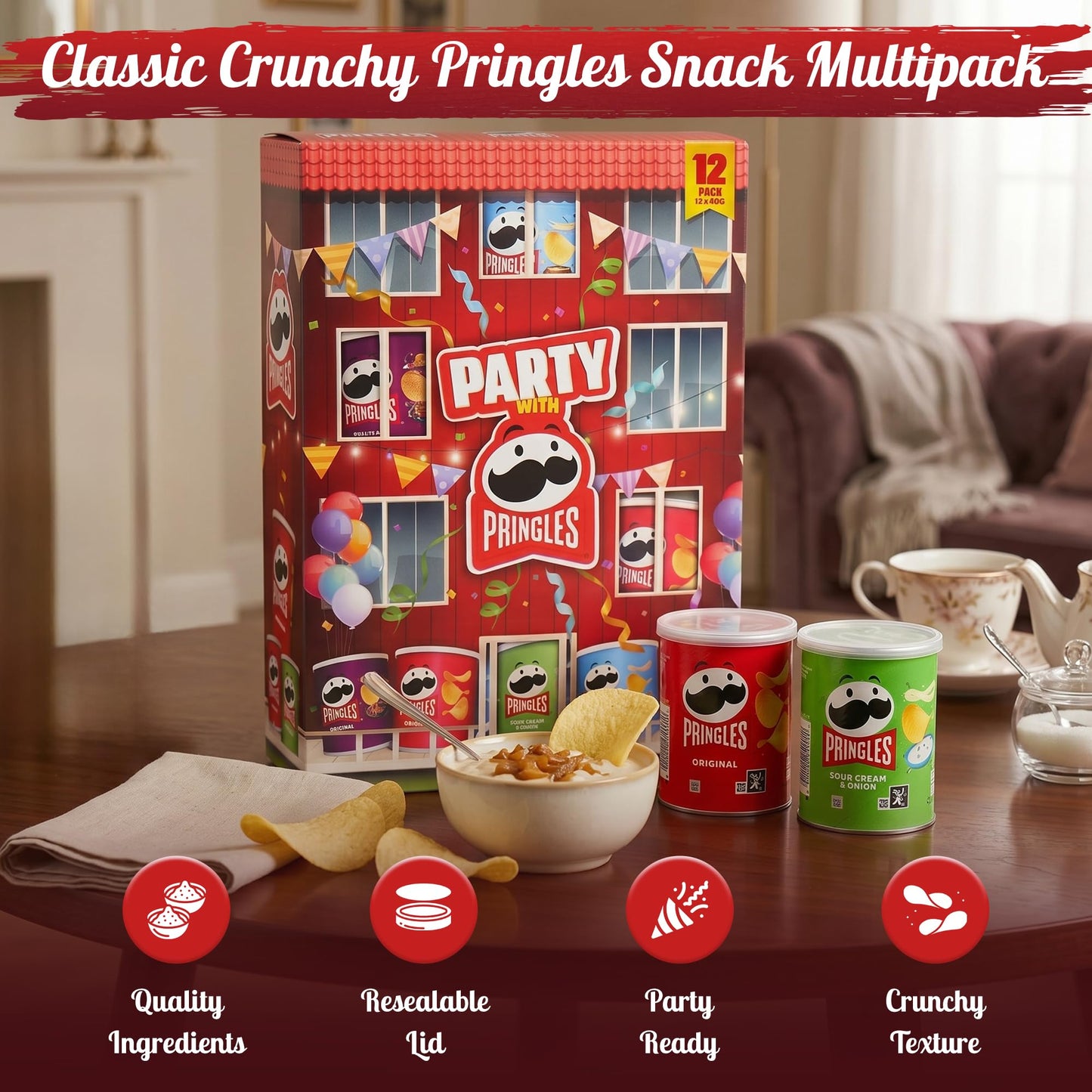 Pringles Original 40g Crisps Multipack – Bulk 12-Pack of Stackable Crisps in Iconic Resealable Canisters, Classic Lightly-Salted Flavor for Lunchboxes, Parties and On-the-Go Snacking