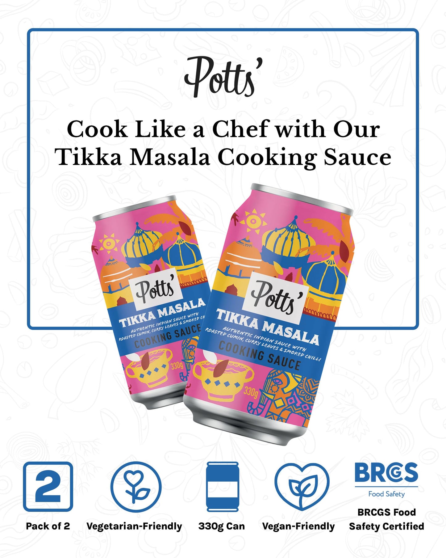 Potts’ Tikka Masala Sauce in Can, Curry Sauce Cans for Vegan & Traditional Meals Made with Roasted Cumin, Curry Leaves, & Smoked Chilli - Easy Open Can, Ready to Use Stock