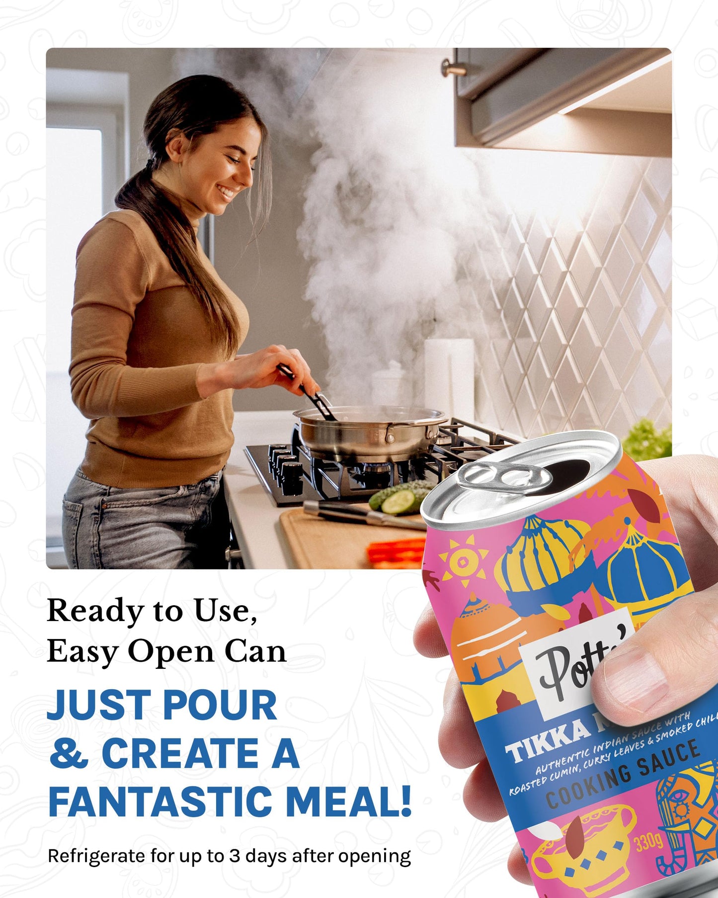 Potts’ Tikka Masala Sauce in Can, Curry Sauce Cans for Vegan & Traditional Meals Made with Roasted Cumin, Curry Leaves, & Smoked Chilli - Easy Open Can, Ready to Use Stock