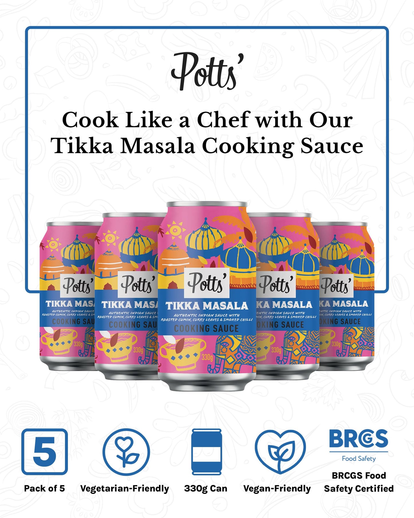 Potts’ Tikka Masala Sauce in Can, Curry Sauce Cans for Vegan & Traditional Meals Made with Roasted Cumin, Curry Leaves, & Smoked Chilli - Easy Open Can, Ready to Use Stock