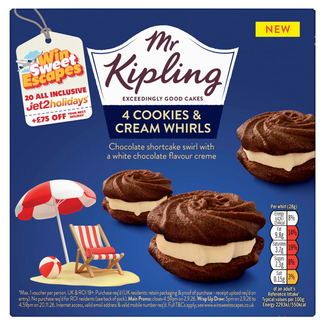 Mr Kipling Cookies & Cream Whirls, 4 Treats - Perfect For Snacking On-the-Go (Pack of 1)