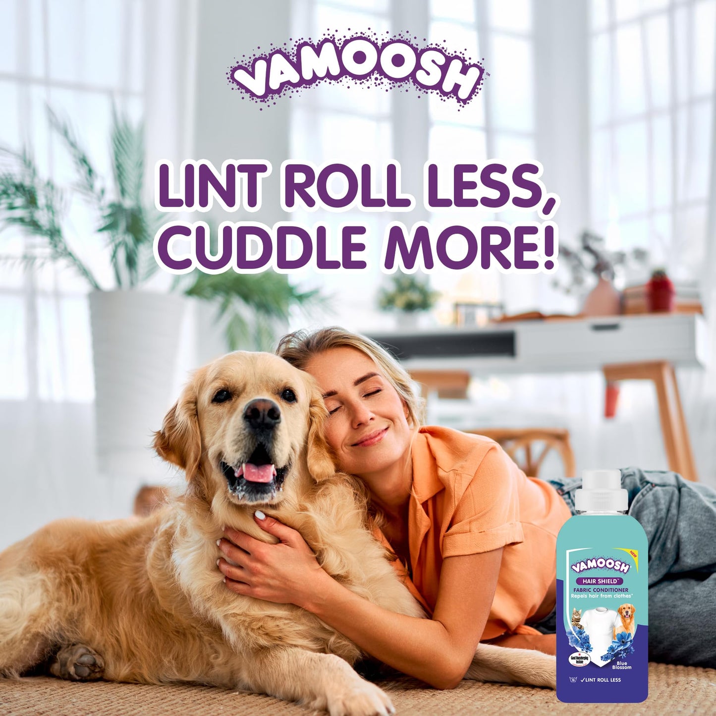 Vamoosh Hair Shield Fabric Conditioner 500ml – Liquid Fabric Softener that Repels Pet Hair from Clothes After Washing, Does Not Dissolve Hair – Blue Blossom Scent – Up to 16 Washes