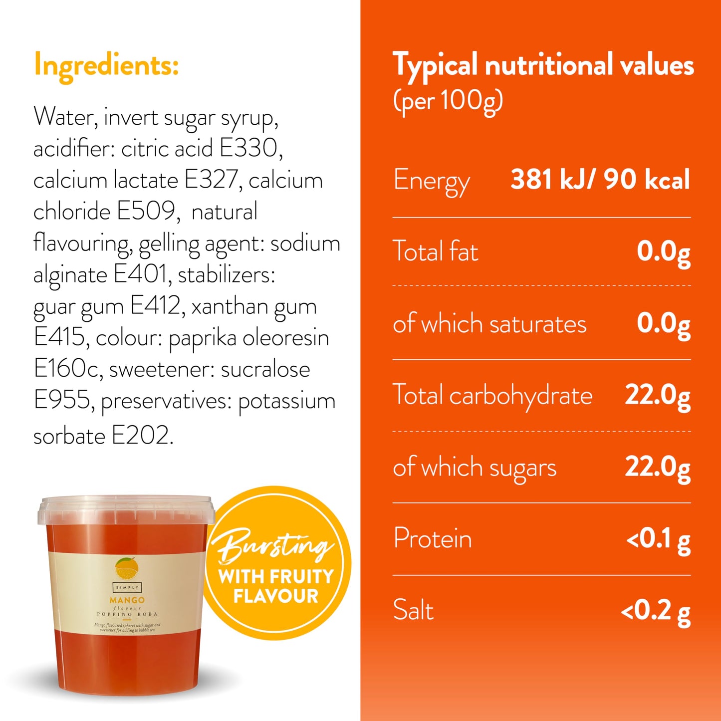 Simply Mango Popping Boba, Fruit Juice Flavoured Bursting Boba Pearls for Bubble Tea, Vegan & Halal Friendly, 870g