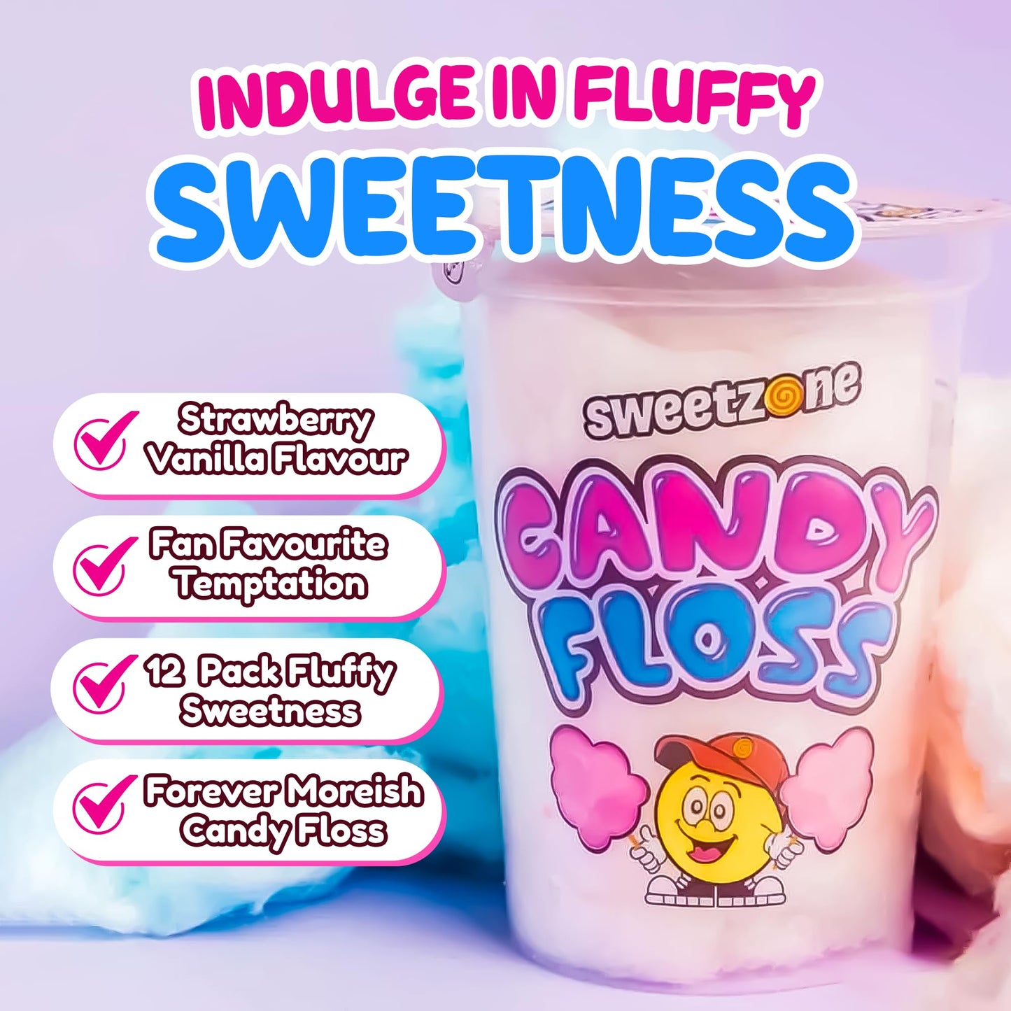 Sweetzone Candy Floss Halal Sweets Tub 20g x 12 Pack, Sweets Bulk, Retro Sweets, Cotton Sweets, Sweet Box, Bulk Sweets, Candy for Sweet Bags, Sweet Tub Delight, Bulk Candy