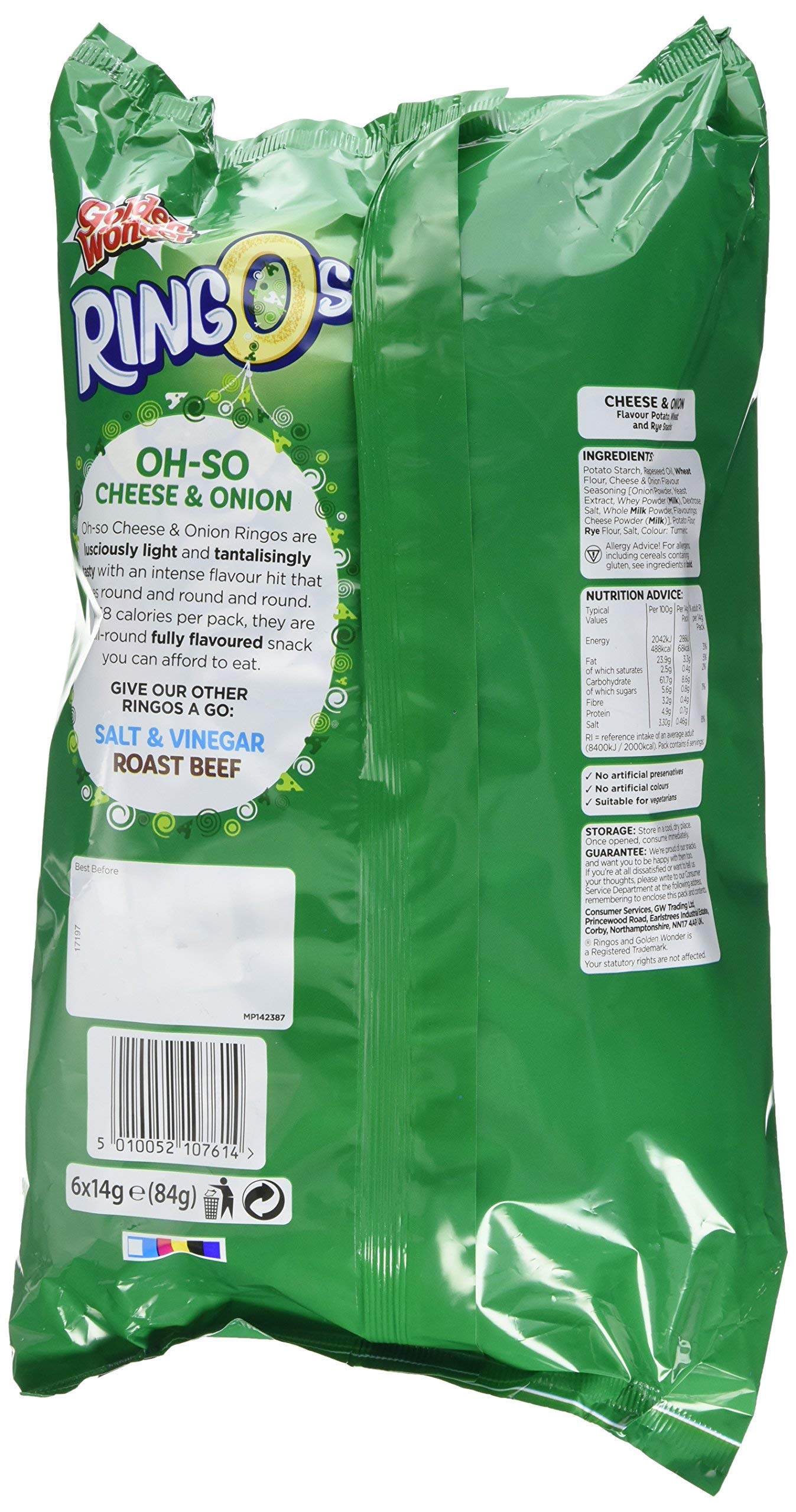 Golden Wonder Ringos Cheese & Onion, 6 x 12.5g
