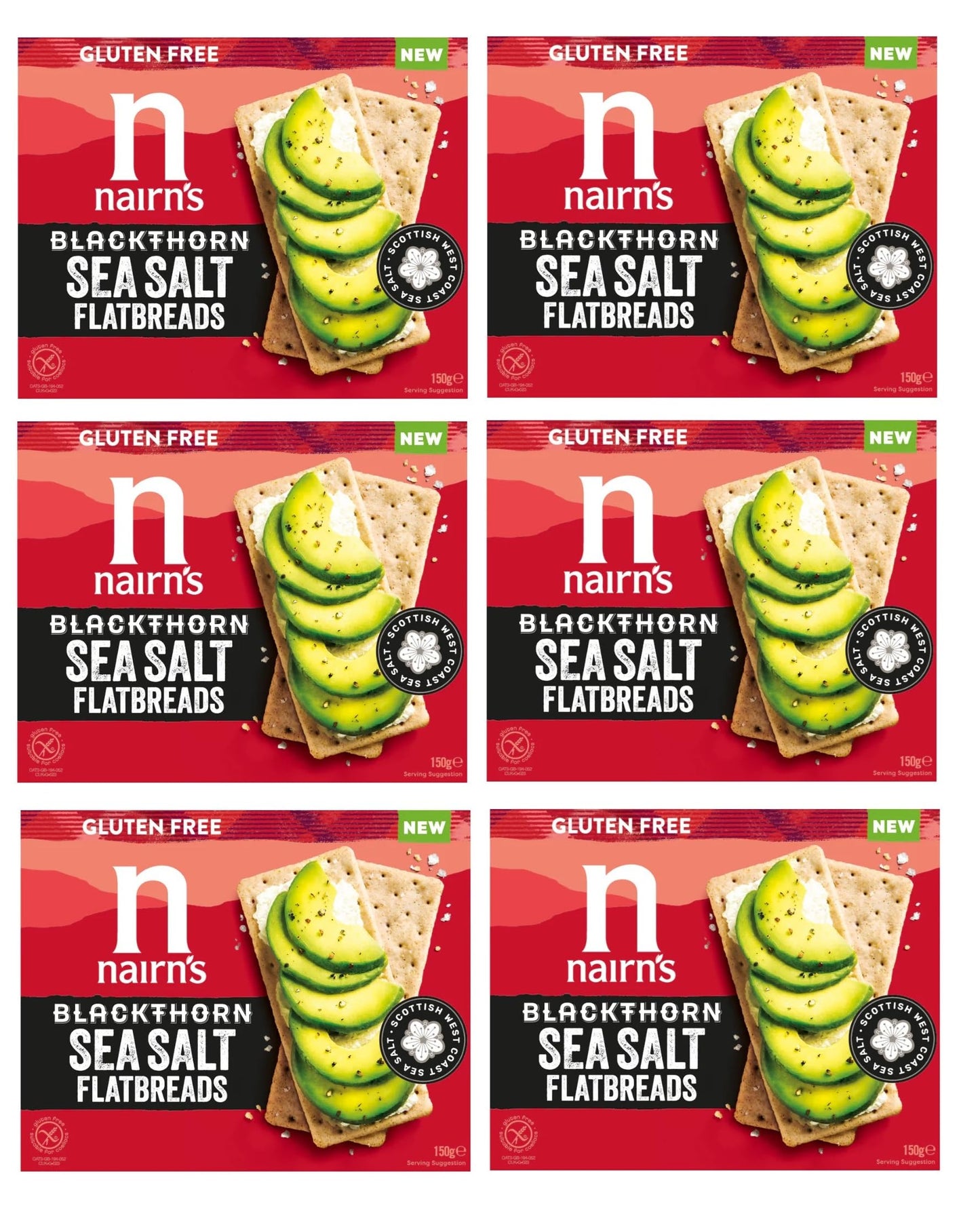 Nairn's Gluten Free Blackthorn Sea Salt Flatbreads 150g Pack of 6 - Wholegrain Oats - High Fibre - Plant Based Snacks - Suitable for Coeliacs