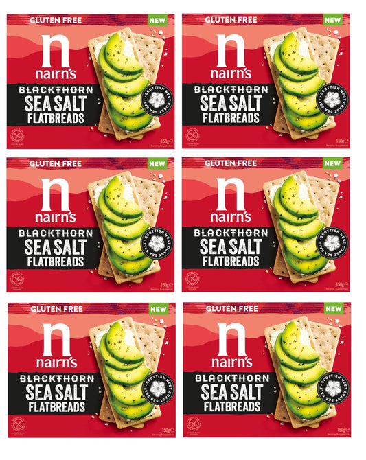Nairn's Gluten Free Blackthorn Sea Salt Flatbreads 150g Pack of 6 - Wholegrain Oats - High Fibre - Plant Based Snacks - Suitable for Coeliacs