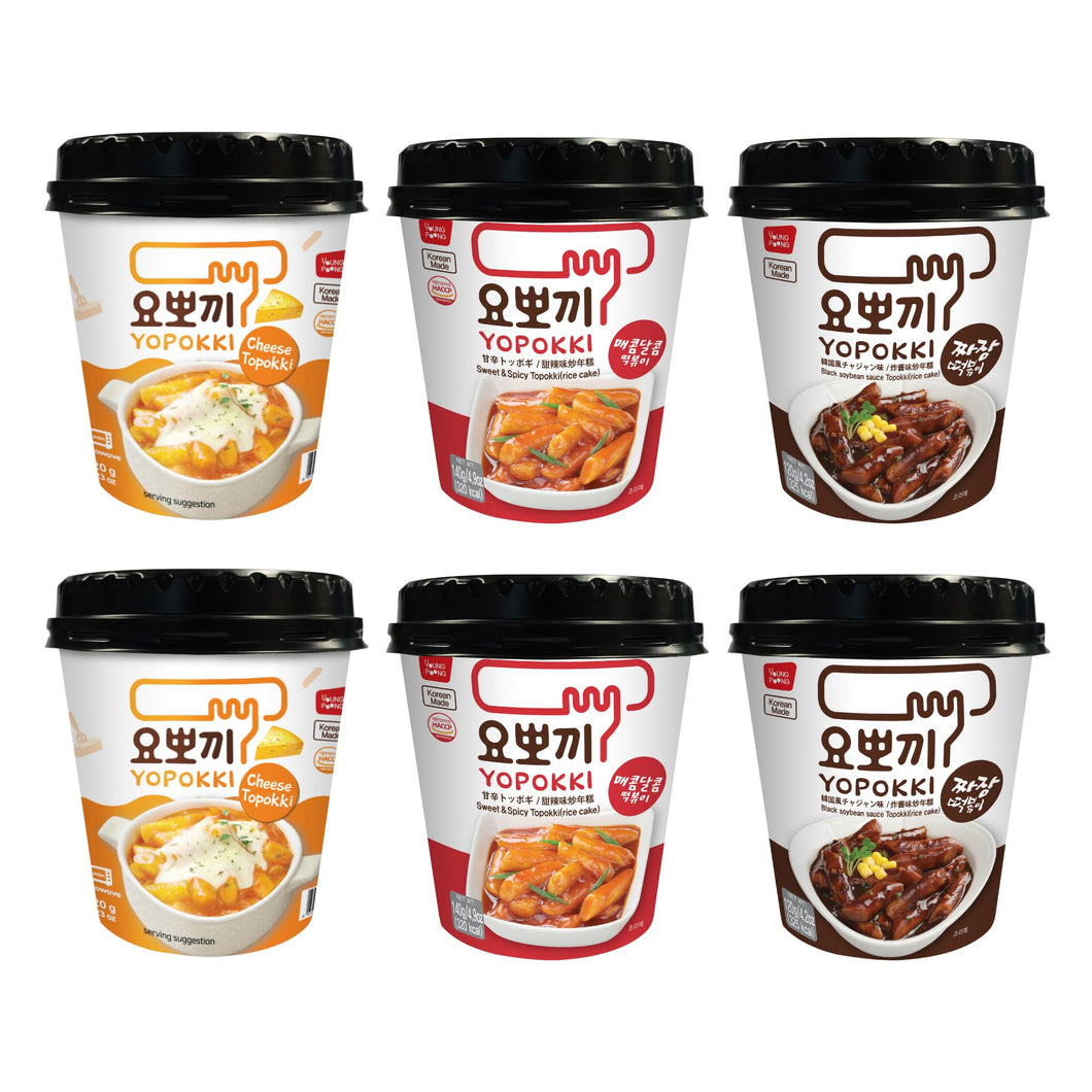 Yopokki Pack of 6 | Cheese, Sweet & Spicy, Jjajang Rice Cake Cup Topokki Tteokbokki - Instant Korean Snack