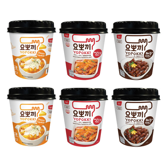 Yopokki Pack of 6 | Cheese, Sweet & Spicy, Jjajang Rice Cake Cup Topokki Tteokbokki - Instant Korean Snack
