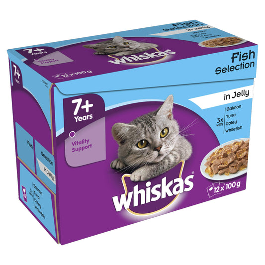 Whiskas 7+ Cat Wet Food in Pouch for Senior Cats, Pure Delight Fish Selection in Jelly, 12x 85g