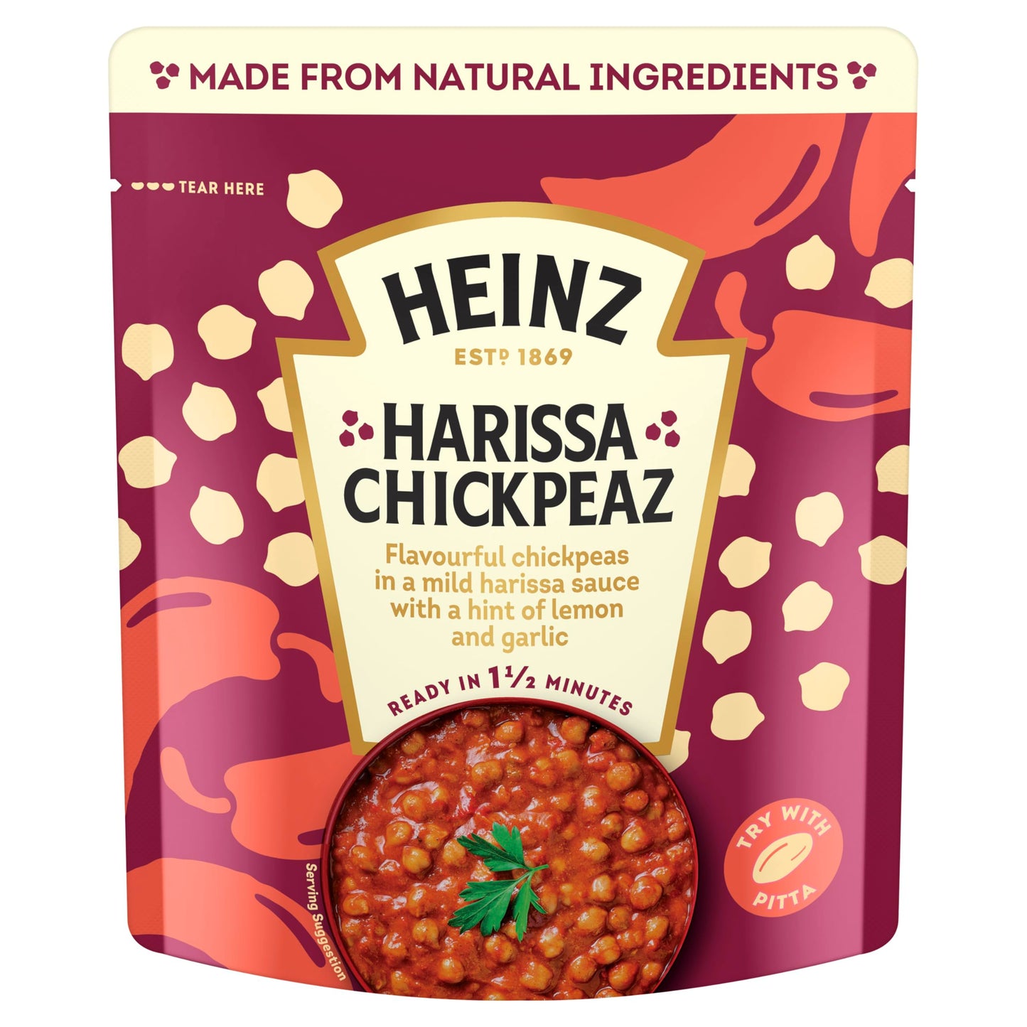 HEINZ Harissa Chickpeas with Peppers and Garlic - Meal for One, Made From Natural Ingredients, Source of Protein, 250gr