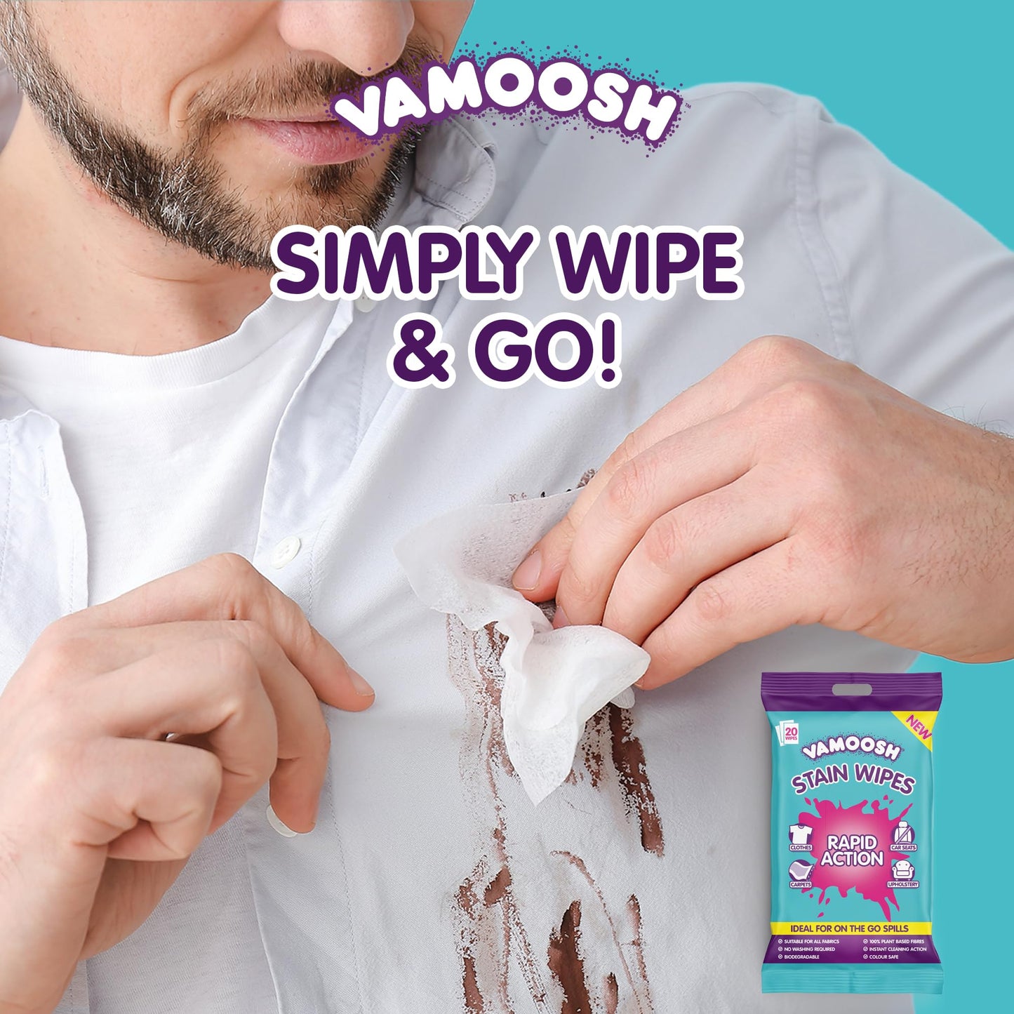 Vamoosh Rapid Stain Remover Wipes, Instant Stain Remover for Clothes, Carpets & Upholstery, Biodegradable & Plastic-Free - Vamoosh Laundry Wipes