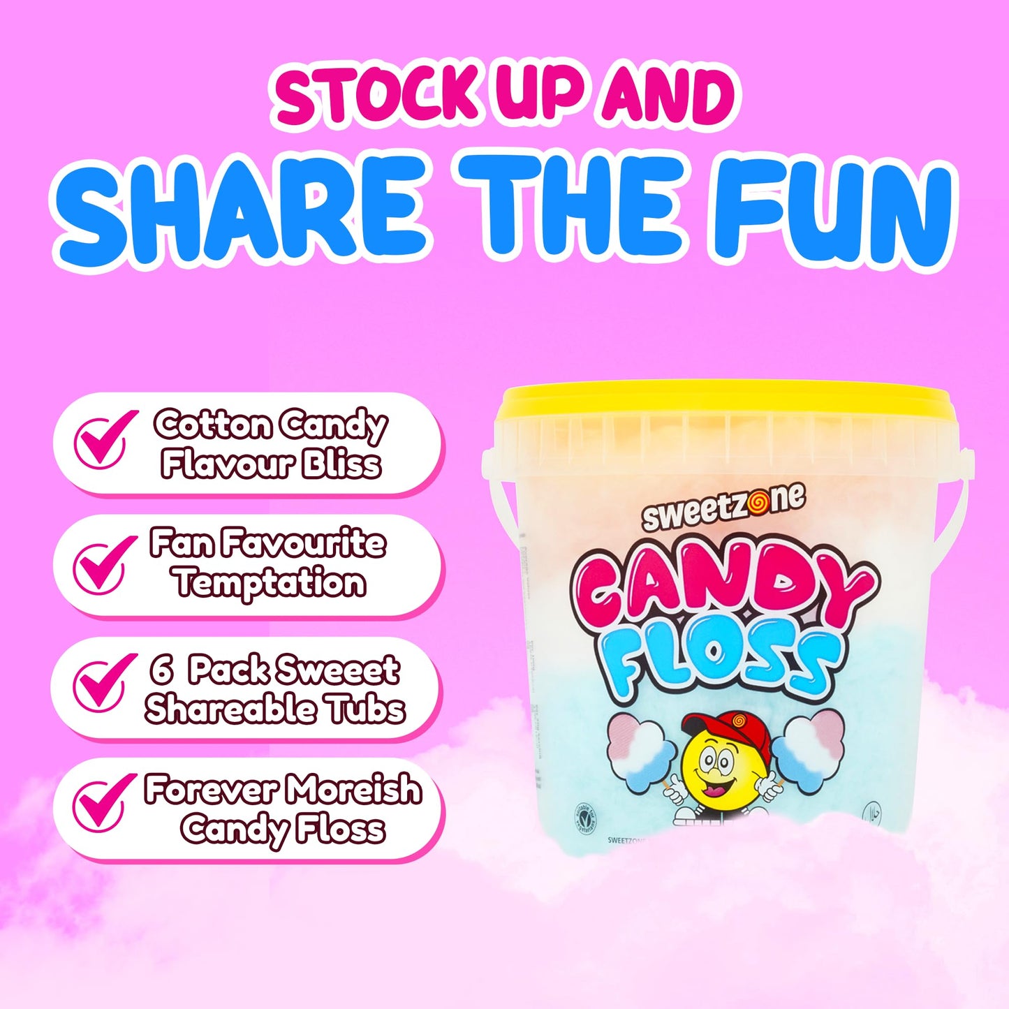 Sweetzone Candy Floss Halal Sweets Tub 50g x 6 Pack, Sweets Bulk, Retro Sweets, Cotton Sweets, Sweet Box, Bulk Sweets, Candy for Sweet Bags, Sweet Tub Delight, Bulk Candy