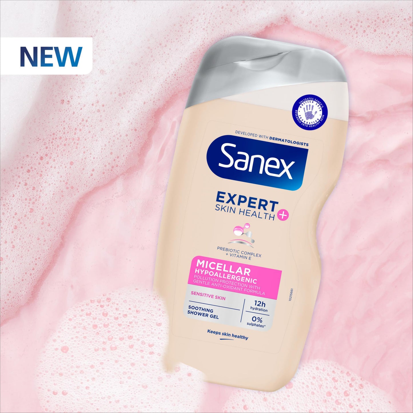 Sanex Expert Skin Health + Micellar Hypoallergenic Shower Gel 515ml, for sensitive skin, body wash for men & women, helps protect skin from pollution, gentle antioxidant formula, with vitamin E