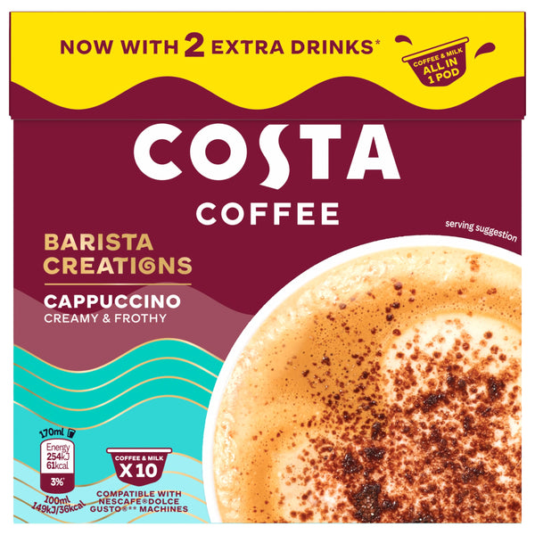 Costa Coffee Dolce Gusto Cappuccino One Pod 10 x 16g, Creamy and Frothy. Now with 2 extra drinks, All in One Pod.