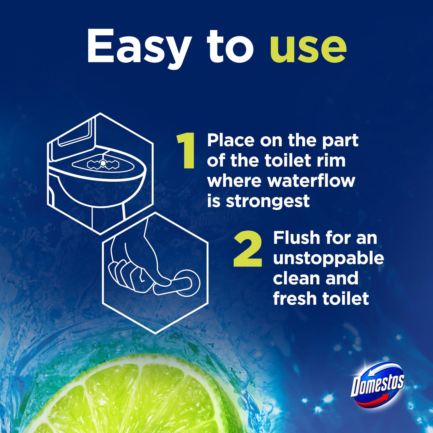 Domestos Power 5 Lime Toilet Rim Block toilet freshener with a long-lasting fragrance cleans and freshens for up to 300 flushes 50 g